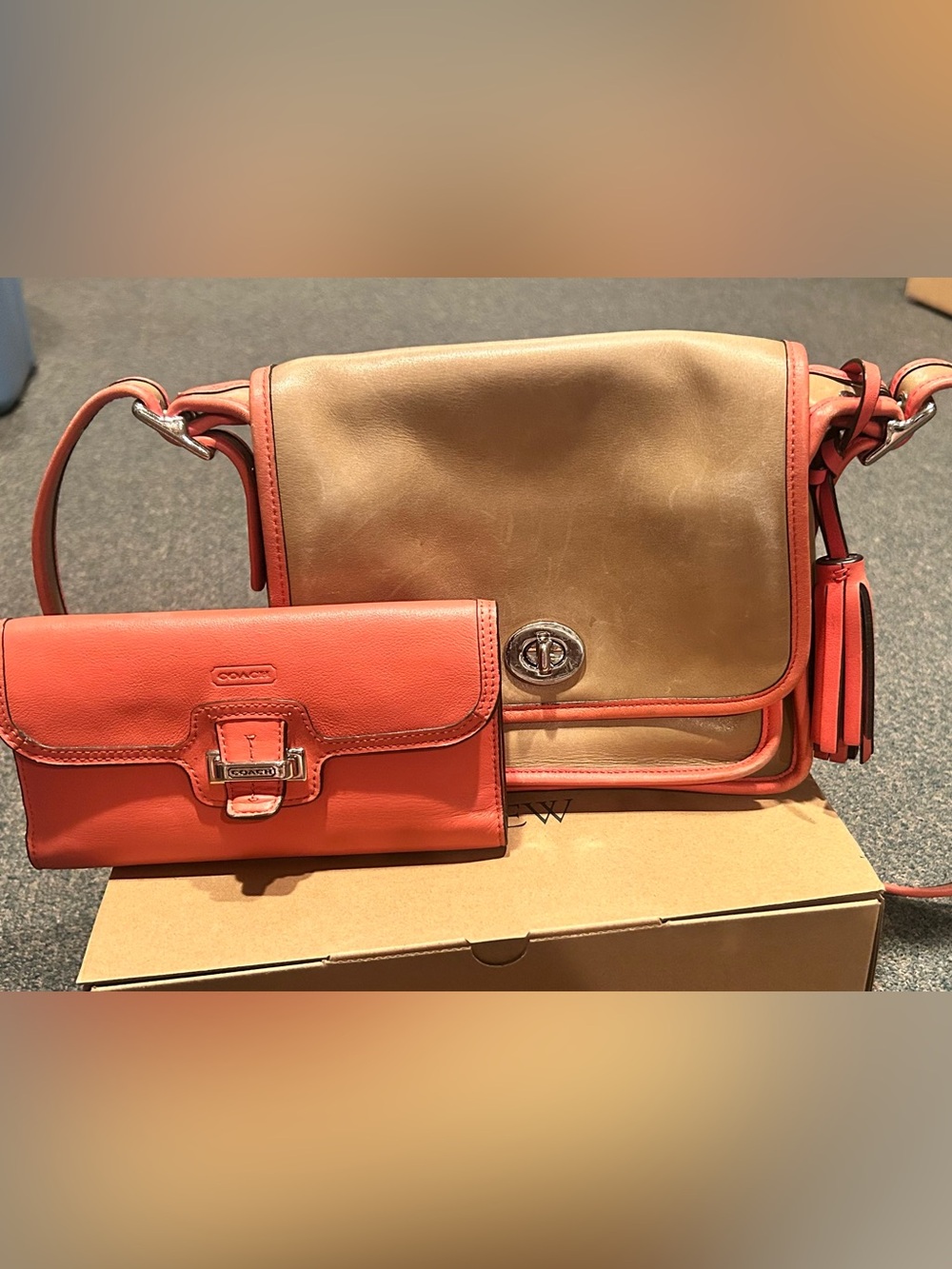 Vintage Coach Crossbody Shoulder Bag in Caramel and Coral AND Coach Coral Wallet